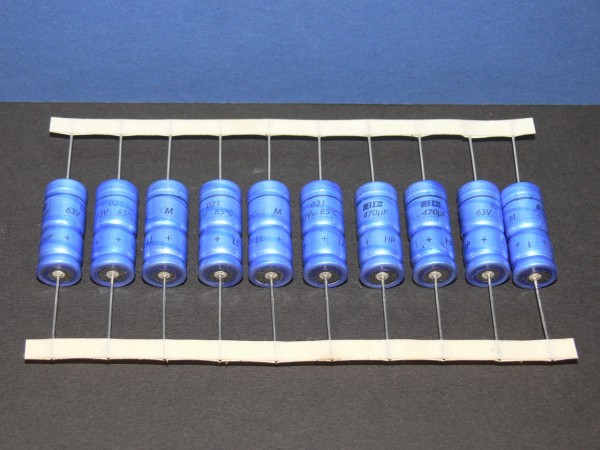 10 Stück Elko axial 470uF 63V Vishay 30 x 12,5mm Elektrolyt Kondensator blau