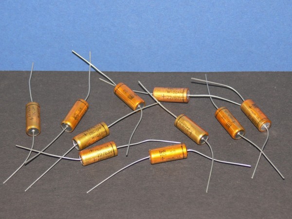 10 Stück - Roederstein Elko axial liegend 22uF 63V 21 x 9mm NEU